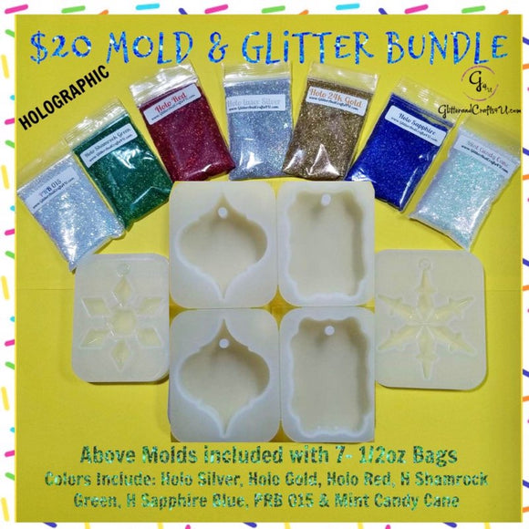 Glitter And Mold Bundle-Holographic/Iridescent with 2 Snowflake Molds & Ornament/Scalloped Gift Tag