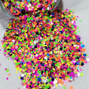 .094 & .062 Hex Ultra Premium Chunky Polyester Glitter Neon Confetti with Blue Added to Mix